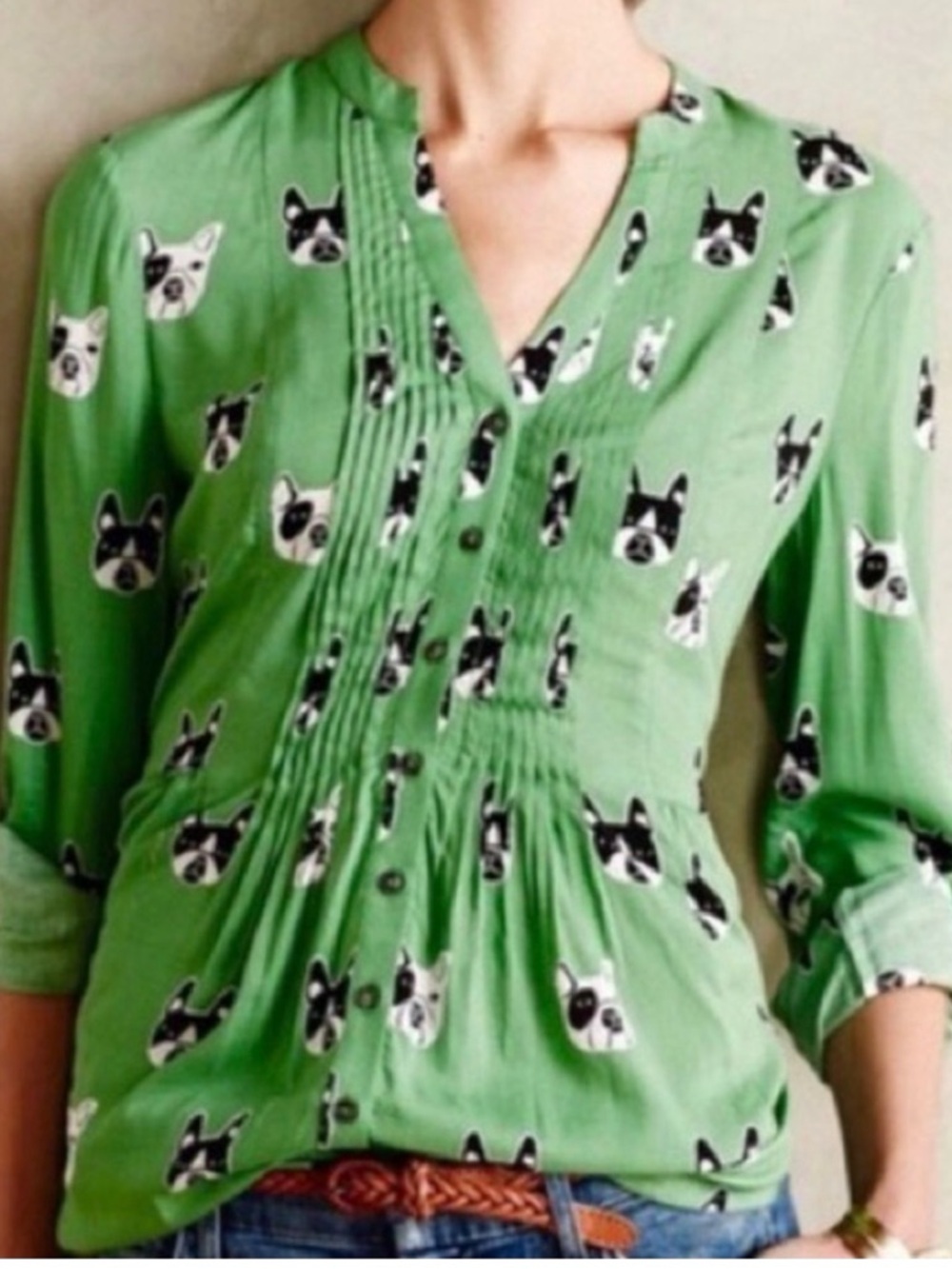 Maeve Anthropologie French Bulldog Print Peplum Green Pintuck Pleat Size 0